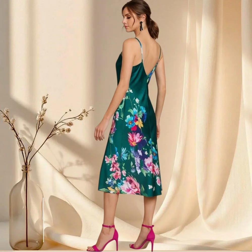 Emerald Green Floral Satin Midi Slip Dress - Picture 6 of 7